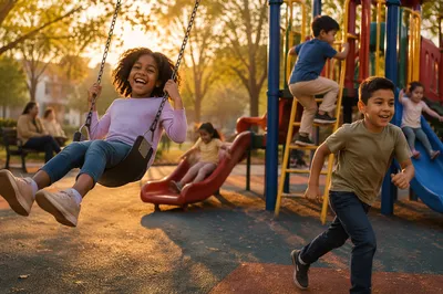 Children Playing on Playground at Golden Hour