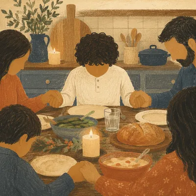 Christian Family Dinner Prayer Around Wooden Table