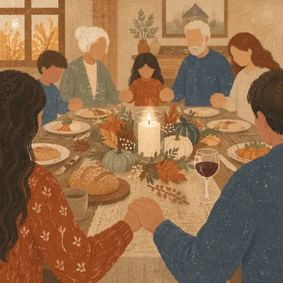 Christian Family Dinner Prayer Around Rustic Table