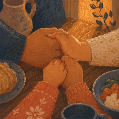 Christian Family Holding Hands in Dinner Prayer