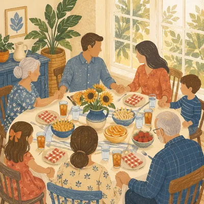 Christian Family Dinner Prayer in Sunlit Home