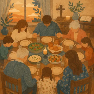 Christian Family Dinner Prayer Around Rustic Table