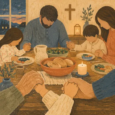 Christian Family Dinner Prayer Around Rustic Table