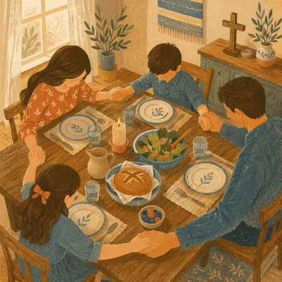 Christian Family Dinner Prayer Around Table
