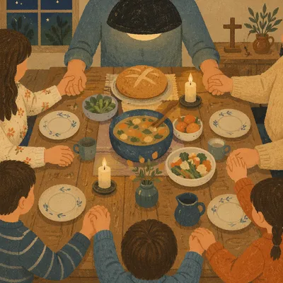 Christian Family Holding Hands at Dinner Prayer