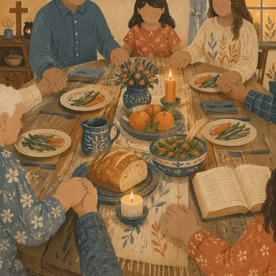 Christian Family Dinner Prayer in Warm Candlelight