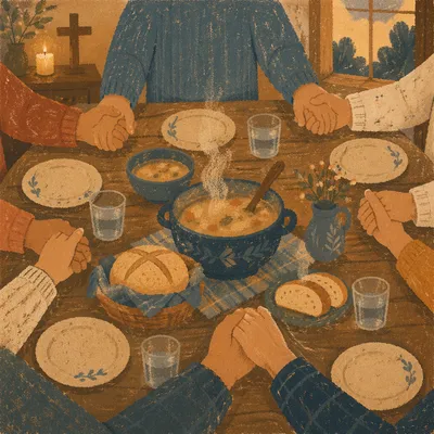 Christian Family Dinner Prayer Around Rustic Table