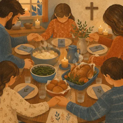 Christian Family Holding Hands in Dinner Prayer