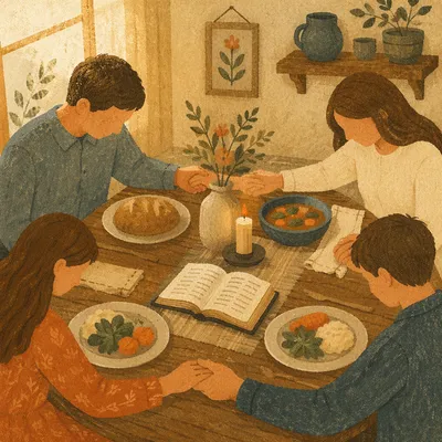 Christian Family Dinner Prayer Around Wooden Table