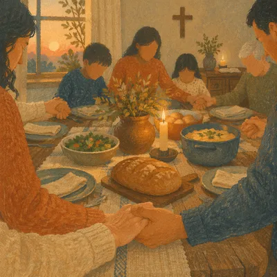 Christian Family Holding Hands in Dinner Prayer