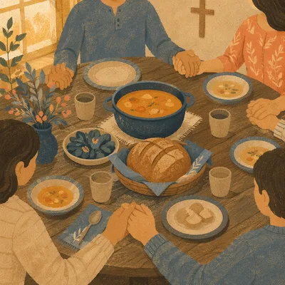 Christian Family Dinner Prayer Around Rustic Table