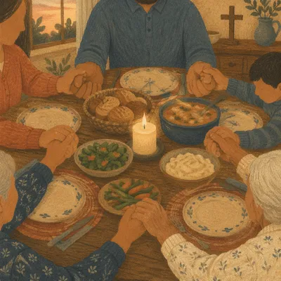 Christian Family Dinner Prayer Around Warm Table