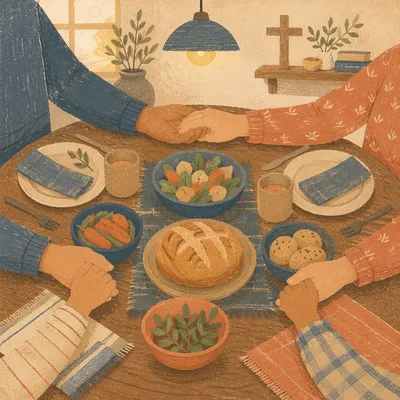 Christian Family Dinner Prayer Around Rustic Table