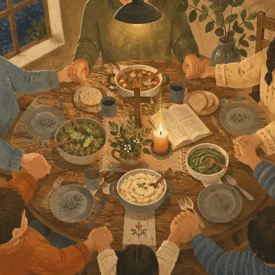Christian Family Dinner Prayer Around Table