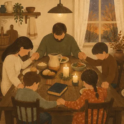 Christian Family Dinner Prayer Around Rustic Table