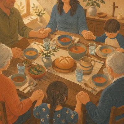 Christian Family Dinner Prayer Around Rustic Table