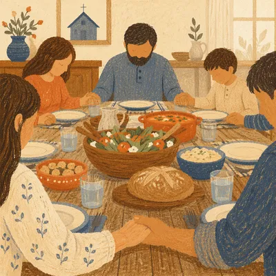 Christian Family Dinner Prayer Around Rustic Table