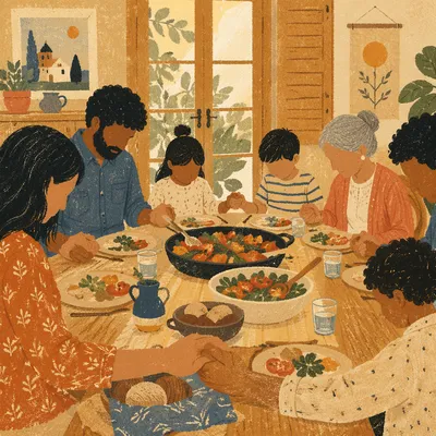 Christian Family Dinner Prayer Around Wooden Table