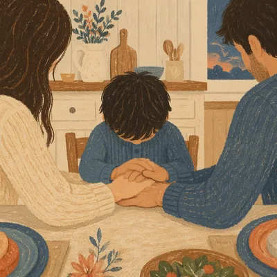 Christian Family Hands Joined in Dinner Prayer