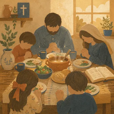 Christian Family Dinner Prayer in Warm Light