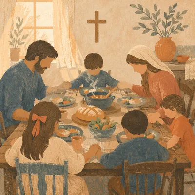 Christian Family Dinner Prayer Around Rustic Table