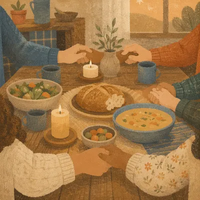 Christian Family Dinner Prayer Around Rustic Table