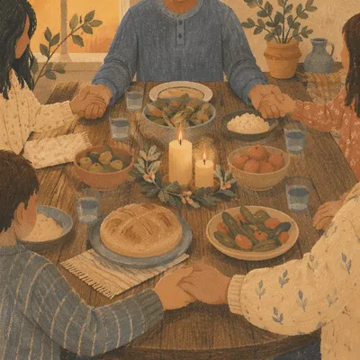 Christian Family Dinner Prayer Around Rustic Table