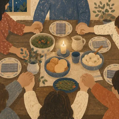 Christian Family Dinner Prayer Around Rustic Table