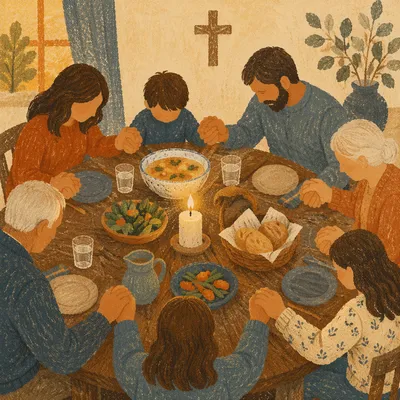 Christian Family Dinner Prayer Around Wooden Table