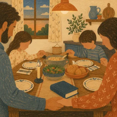 Christian Family Dinner Prayer Around Wooden Table