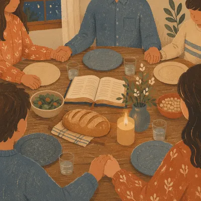 Christian Family Dinner Prayer Around Rustic Table