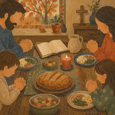 Christian Family Dinner Prayer at Rustic Table