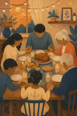 Christian Family Dinner Prayer Around Wooden Table