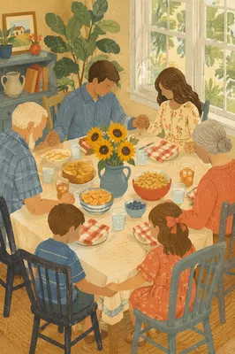 Christian Family Dinner Prayer at Sunlit Table