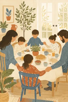 Christian Family Holding Hands at Dinner Prayer