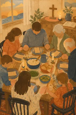 Christian Family Holding Hands in Dinner Prayer