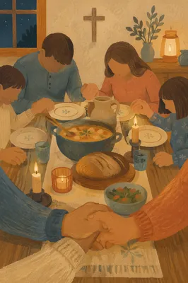 Christian Family Prayer Around Dinner Table