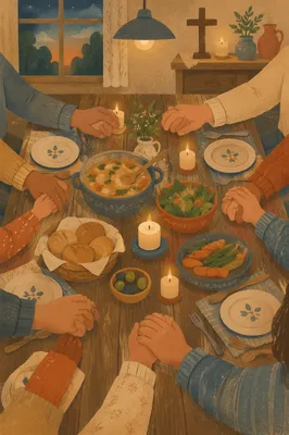 Christian Family Holding Hands at Dinner Prayer