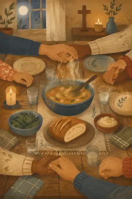 Christian Family Dinner Prayer Around Rustic Table