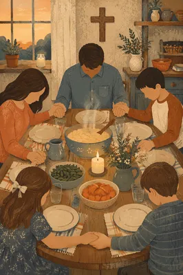 Christian Family Dinner Prayer with Holding Hands