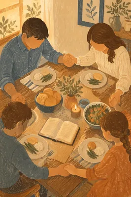 Christian Family Dinner Prayer Around Rustic Table