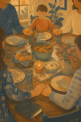 Christian Family Dinner Prayer Around Rustic Table