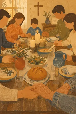 Christian Family Hands Joined in Dinner Prayer