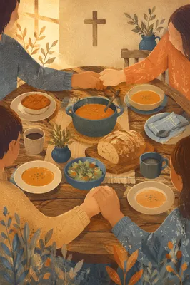 Christian Family Dinner Prayer Around Rustic Table