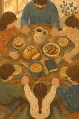 Christian Family Dinner Prayer Around Rustic Table