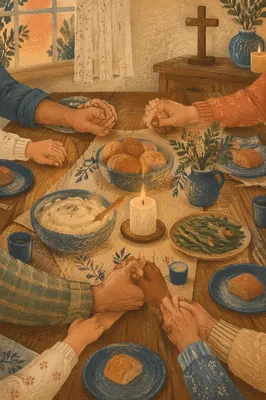 Christian Family Dinner Prayer Around Warm Table