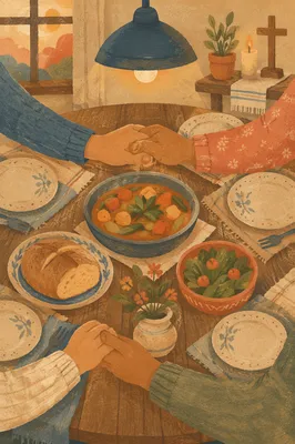 Christian Family Dinner Prayer Around Rustic Table