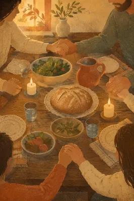 Christian Family Dinner Prayer Around Rustic Table
