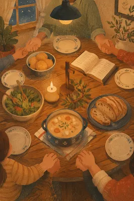 Christian Family Dinner Prayer Around Rustic Table