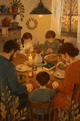 Christian Family Holding Hands in Dinner Prayer